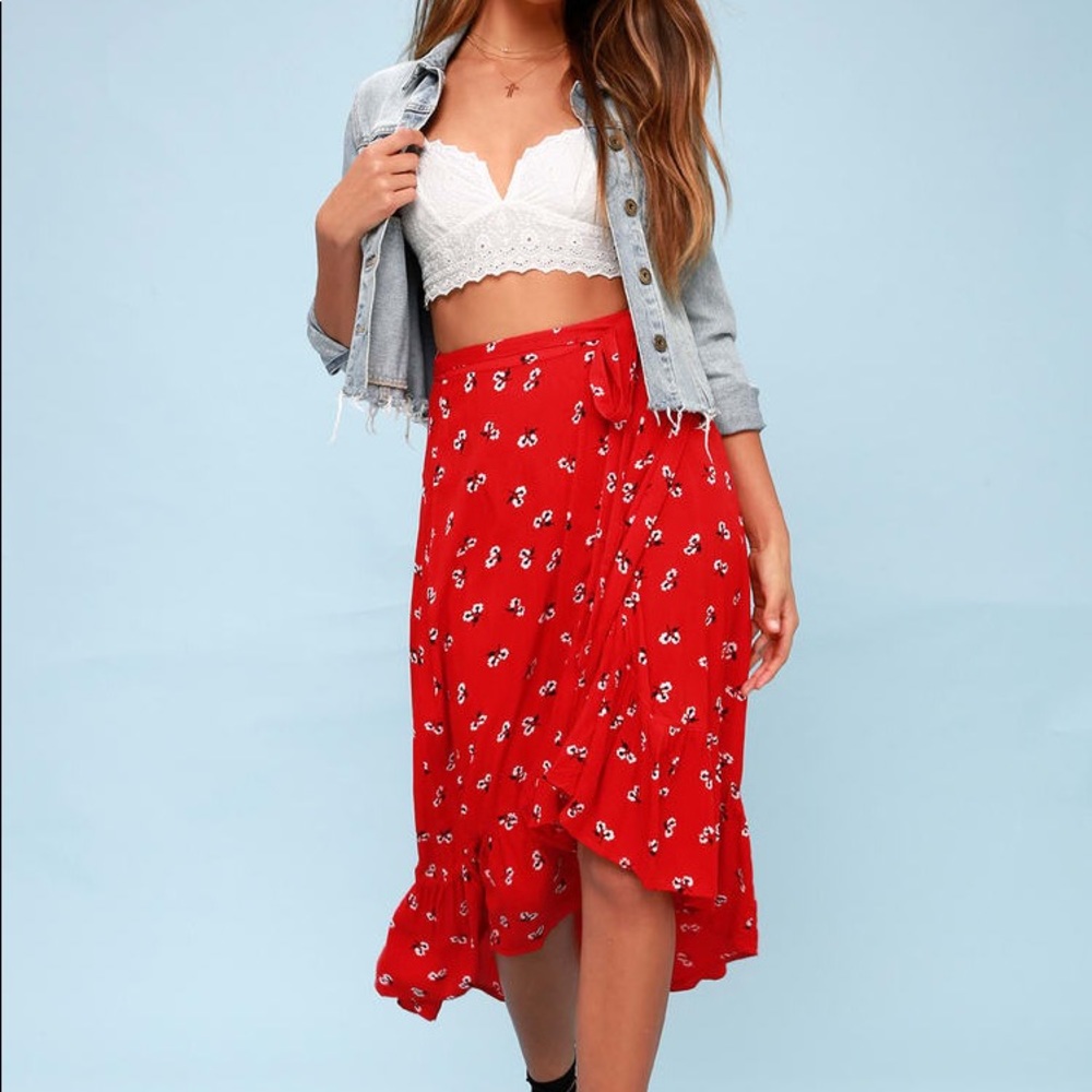 Dancing Til Dawn Red Floral Print Midi Wrap Skirt